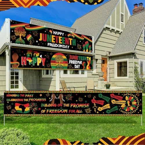Remagr 3 Pcs Large Juneteenth Banner 98 x 18 Inch June 19th Outdoor Yard Sign Patriotic Juneteenth Party Decorations Backdrop for Africa American Independence Day Celebration Supplies