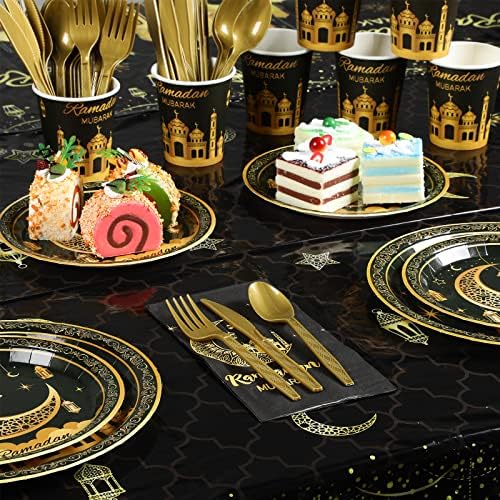 Ramadan Party Supplies Decorations for Home Serve 25, Eid Mubarak Ramadan Black and Gold Plates and Napkins Set, Disposable Paper Plates Napkins Cups Knives Spoons Forks for Ramadan Party Decorations