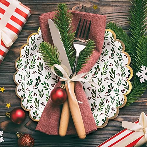 Confettiville Christmas Paper Plates, 50-Count Disposable Christmas Party Supplies, Holly, Gold Foil Scalloped Edge, 9 Inches