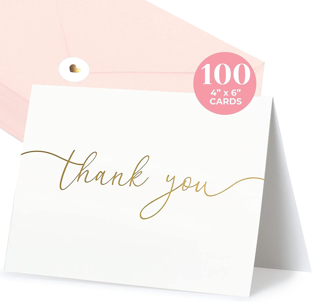 100 Heavyweight Blank Thank You Cards with Envelopes & Stickers, Premium Thank You Cards Wedding with Envelopes Set, Bulk Gold Script Notes, Wedding & Bridal Shower Set, (4 x 6 Inches) (100 Pack)