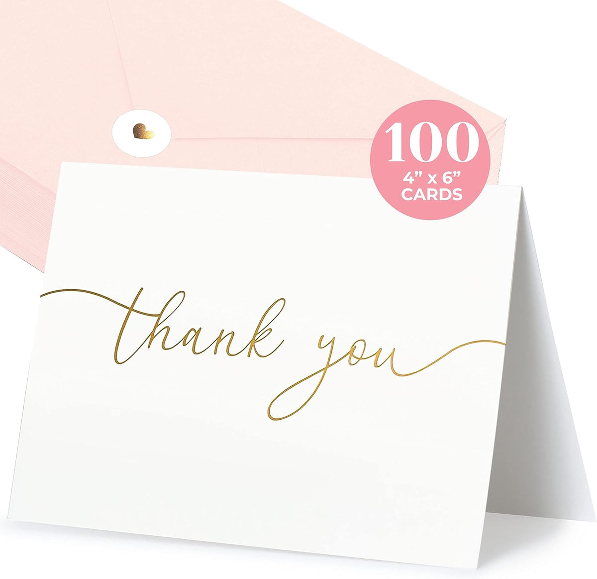 100 Heavyweight Blank Thank You Cards with Envelopes & Stickers, Premium Thank You Cards Wedding with Envelopes Set, Bulk Gold Script Notes, Wedding & Bridal Shower Set, (4 x 6 Inches) (100 Pack)