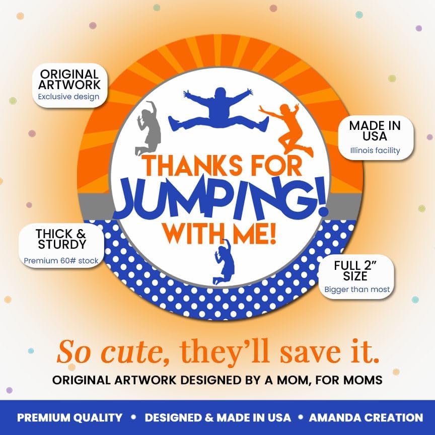Trampoline Stickers, 40 Pack 2 Inch Round Birthday Labels, Trampoline Park Party Favors, Thanks for Jumping with Me Design, Made in USA by Amanda Creation