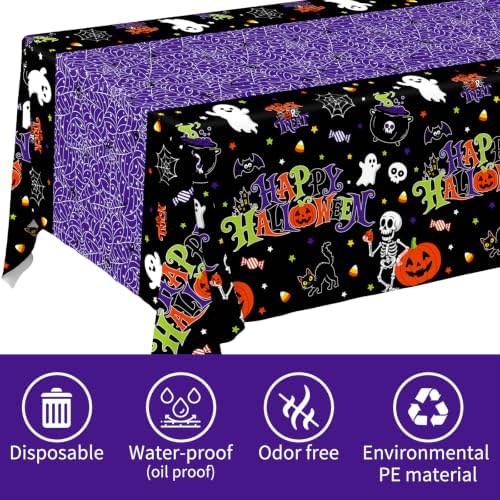 2 Pack Halloween Tablecloth, 54 x 108 Inch Disposable Plastic Table Cover, Purple Halloween Party Decorations for Halloween Decor Party Supplies