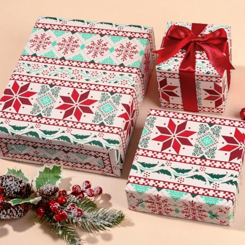 LaRibbons Vintage Kraft Christmas Wrapping Paper Fair Isle 17 In x 33 Ft
