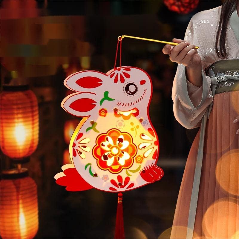 Mid-Autumn Festival Decoration 3pcs Rabbit DIY Hanging Lanterns Cute Bunny Moon Festival Ornament Hand-Held Portable Lantern Holiday Decor Lunar Year Spring Festival Decor