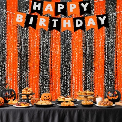 3 Pack Halloween Backdrop, Halloween Photo Backdrop Party Supplies with Happy Birthday Banner, Orange Black Foil Fringe Curtains Set for Birthday Halloween Party Decoration