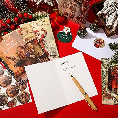 Hotop 120 Sets Vintage Christmas Cards Bulk Retro Christmas Postcards Xmas Tree Santa Snowman Little Girl Blank Note Holiday Greeting Card with Envelopes Stickers for Gift Friends Relatives