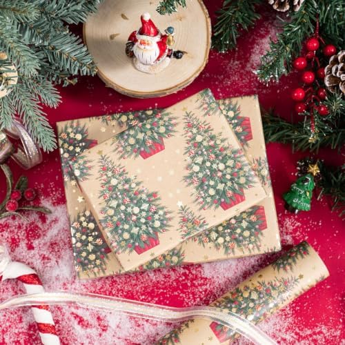 RUSPEPA 30" X 32.8' Kraft Christmas Wrapping Paper Large Paper Roll, Jumbo Roll, Gold Foil Elegant Christmas Tree with Ornament & Snowflake Design Kraft Gift Wrap for Xmas Gifts, Winter and Holidays
