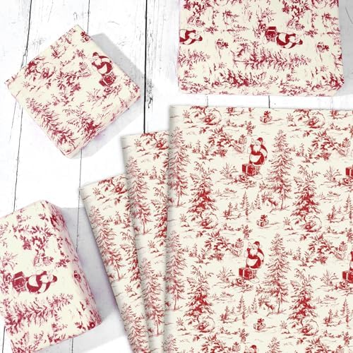 JarThenaAMCS 60 Sheets Toile Vintage Christmas Tissue Paper Red Xmas Tree Santa Claus Wrapping Paper for Winter Home Party DIY Crafts Supplies, 14 x 20 Inch