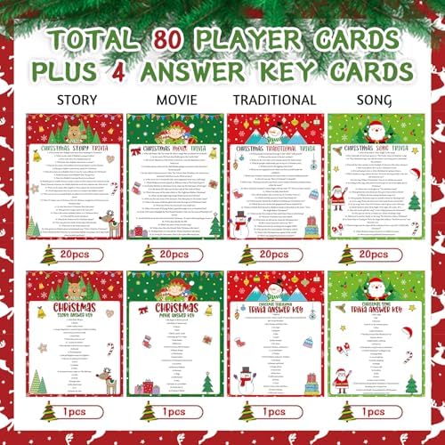 Whaline 80Pcs Christmas Trivia Games Question and Answer Cards 4 Designs Xmas Red Green Vacation Game Guessing Activity Party Game Paper Cards for Party Supplies