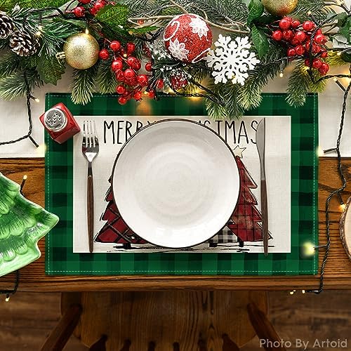 Artoid Mode Waterclor Green Buffalo Plaid Christmas Trees Placemats Set of 6, 12x18 Inch Winter Table Mats for Outdoor Home Party Kitchen Dining Decor