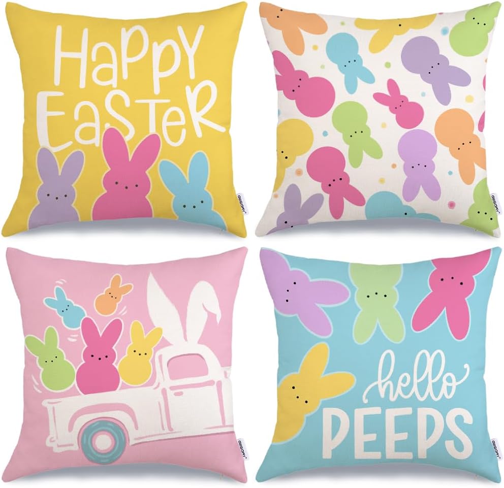 Hongsome Easter Decor-Throw Pillow Covers 20x20in Set of 4,Spring Linen Pillow Case with Bunny and Egg for Large Couch Sofa Home Indoor Outdoor Holiday Home Decorations