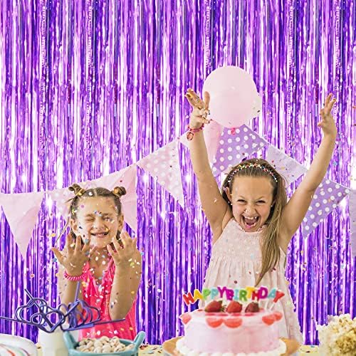 GOER 3.2 ft x 8.2 ft Metallic Tinsel Foil Fringe Curtains Party Photo Backdrop Party Streamers for Halloween Birthday,Graduation,New Year Eve Decorations (5 Packs,Purple)