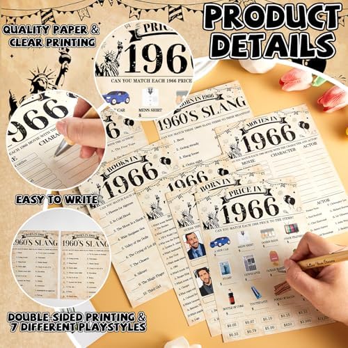70Pcs 60th Birthday Party Games Born In 1966 Fun 1966 Trivia Music Slang Books Game Double-Sided Game Cards Vintage 60th Birthday Party Supplies for 60 Year Old Activity Anniversary Class Reunion