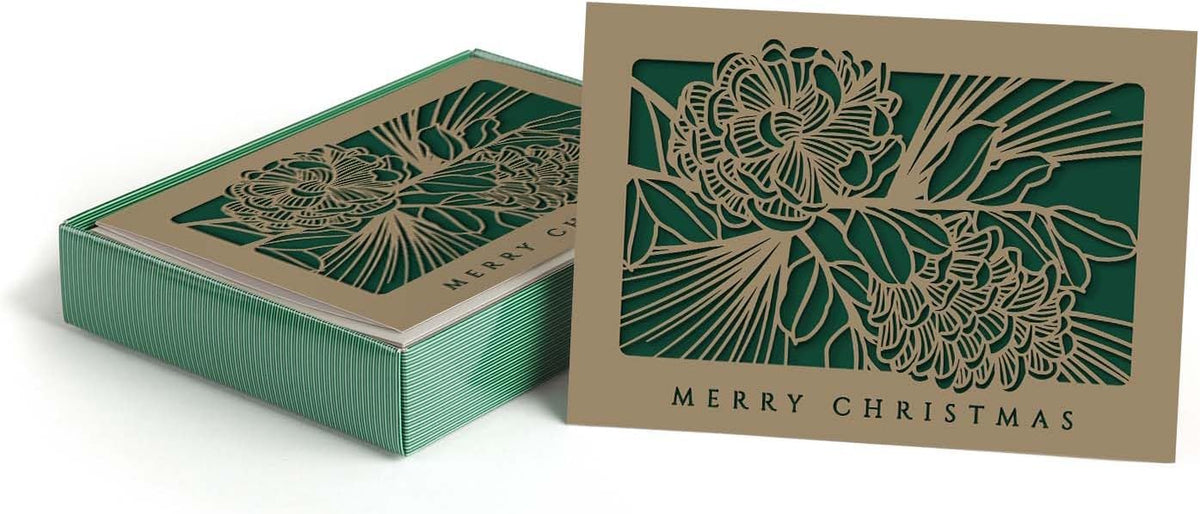 Canopy Street Masterpiece Laser Cut Pine Cone Christmas Cards / 10 Winter Holiday Cards With Coordinating Envelopes / 5" x 7" Boxed Evergreen Greeting Cards With Inside Verse