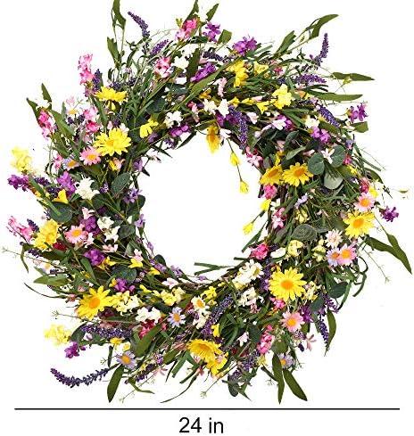 J'FLORU Spring Wreath 24 Inch Summer Wreaths for Front Door Artificial Flower Wreath with Daisy and Lavender for Indoor Outdoor and Easter Celebration