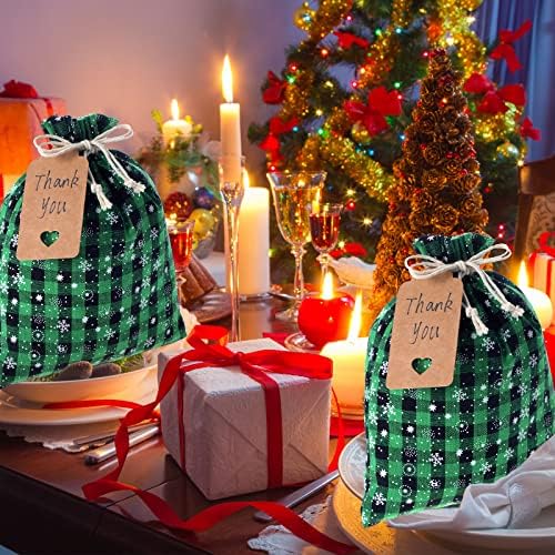 Shappy 24 Pcs Christmas Drawstring Gift Bags Xmas Buffalo Plaid Burlap Advent Bags 10 x 8 Inches Linen Treat Candy Bag with 32.8 ft Rope 24 Card(Black Green Snowflake)
