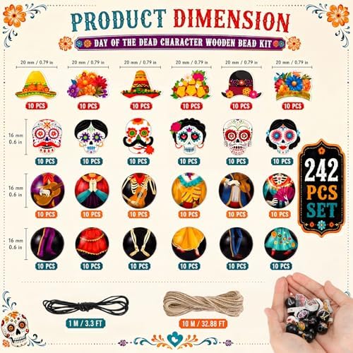 Cinnvoice 240 Pcs Holiday Wood Beads with Twine,Day of the Dead