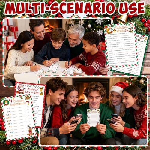 54 Pcs Christmas Party Games Card Set Merry Christmas Trivia Party Game Xmas Holiday Word Scramble Pictionary This or That Paper Cards for Family Adults Large Group Activities Supplies with Answer Key