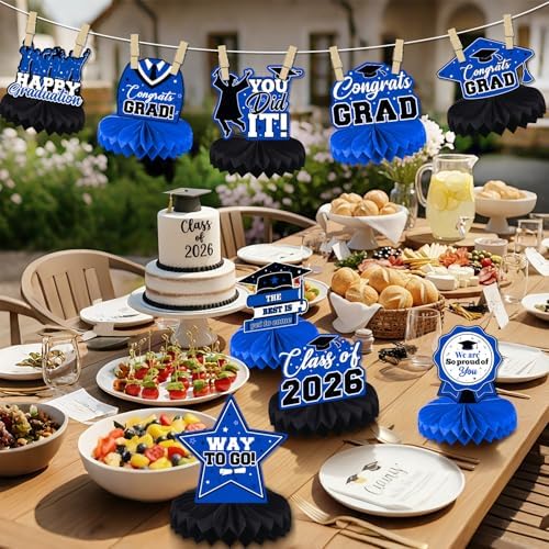 Graduation Decorations Class of 2026, Centerpieces for Tables, Congrats Grad Honeycomb Table Toppers, Graduation Party Supplies, Blue