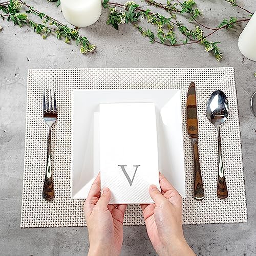 Luxenap 15.8 X 7.9 Inch Linen-Feel Guest Towels, 50 Lettered Hand Towels - Silver Letter 'V', Sans Serif Font, White Paper Dinner Napkins, airlaid, For Restrooms And Tables - Restaurantware
