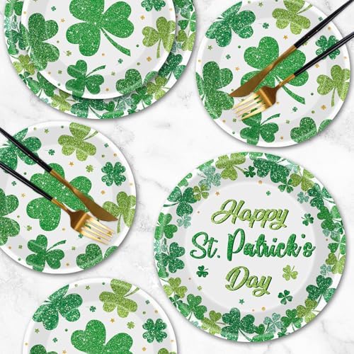 Litmitfu 24 Pcs Happy St Patricks Day Plates Set - Disposable Green Shamrock Paper Plate, Irish Round Dinner Dessert Plate Dinnerware Kit for St Patrick's Day Party Decorations Supplies Table Decor