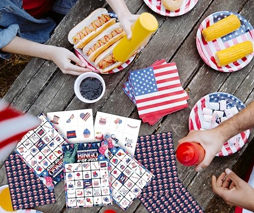 24 Players Independence Day Bingo Game Cards - 4th of July Patriotic Party Activities for Family & Adults, 5x7 Premium Cardstock, American Flag BBQ Decorations, Memorial Day Games with Caller Chips