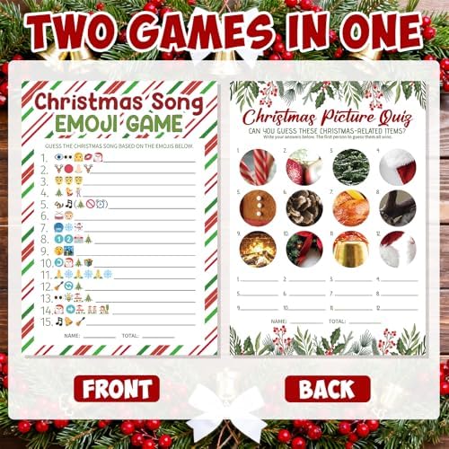 27 Pcs Christmas Games for Family Party Merry Christmas Paper Game Cards Double Sided Printed Xmas Festival Picture Quiz Guessing Songs Adults Holiday Activity Decorations Large Groups with Answer Key