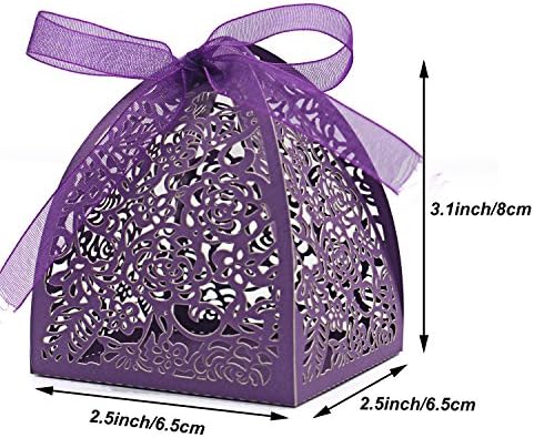 KPOSIYA Pack of 100 Laser Cut Rose Candy Boxes, Favor Boxes 2.5"x 2.5"x 3.1", Gift Boxes Bridal Shower Anniverary Birthday Party Wedding Favor (100,Purple)
