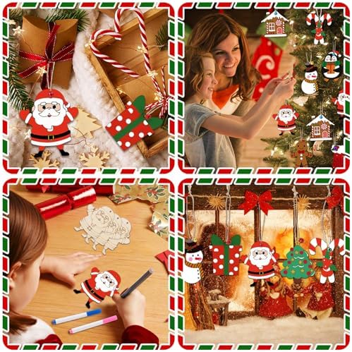 DECYOOL 50Pcs Christmas Wooden Ornaments Predrilled Unfinished DIY Crafts