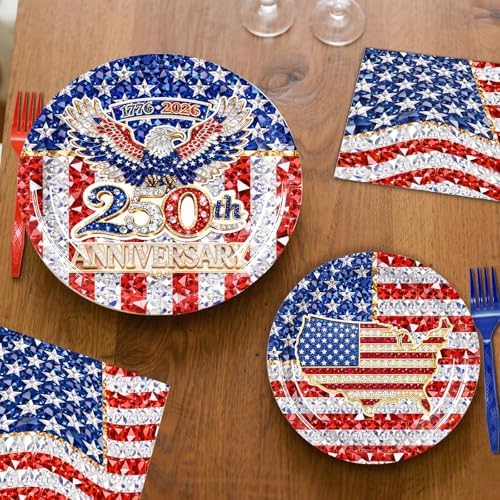 96 Pieces 250th Anniversary Plates and Napkins Patriotic Tableware Set, American Flag Disposable Paper Plates, Napkins, Forks for 4th of July Party Veterans Day Memorial Day Party Supplies- Serves 24