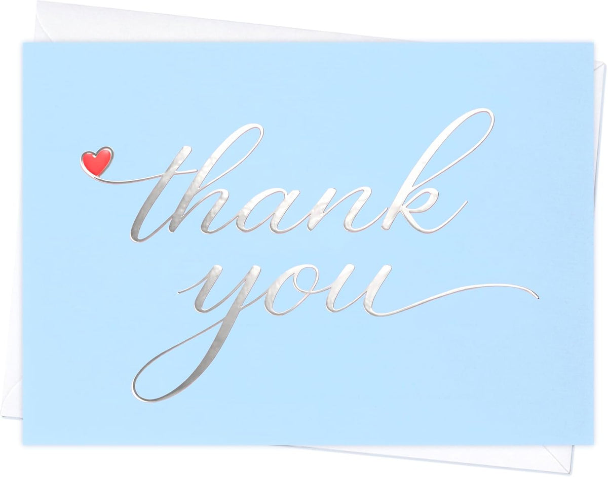 Cheerin 20 Pack Light Blue Thank You Cards With Envelopes Set - Elegant Silver Foil Thank You Notes for Wedding, Birthday and Baby Shower - Bulk Appreciation Cards 3x5 inch