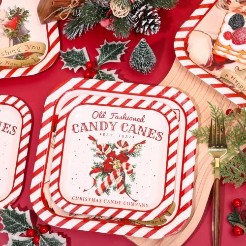 Whaline 40Pcs Christmas Vintage Tableware Set Santa Candy Cane Stripe Paper Plates 7 & 9 Inch Retro Xmas Square Disposable Plates for Holiday Party Table Supplies