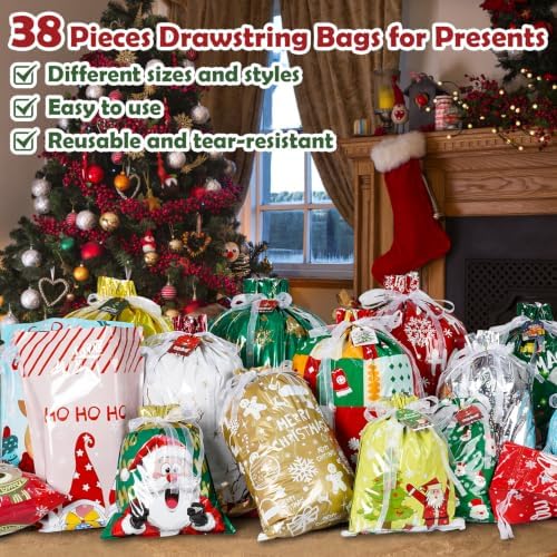 Habaylin 38PCS Christmas Drawstring Gift Bags, Xmas Gift Bags for Presents