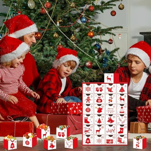 Christmas Advent Calendar Boxes 2025 Red Empty Advent Calendar to Fill Yourself, 24 Days of Christmas Countdown Boxes with 24 Drawers for Kids Adults Personalize with Treats Winter Holiday Xmas Gift
