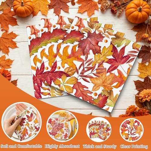 100 Pack Fall Napkins Disposable Folded 10 x 10 Inches Autumn Party Decorations, Maple Leaves Cocktail Napkins for Families Fall Thanksgiving Party Supplies Paper Towel Disposable Towel