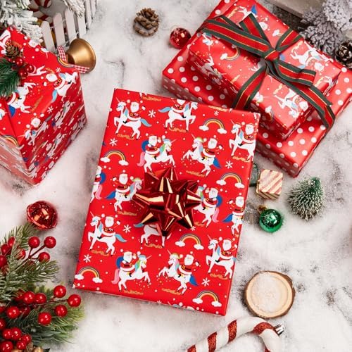MAYPLUSS Christmas Wrapping Paper Roll - 17 Inch X 33 Feet - Reversible Fairytale Christmas Red Unicorn, Santa Claus, Rainbow, Polka Dot Design Holiday Winter Gift Wrap for Wedding, Party,Celebration