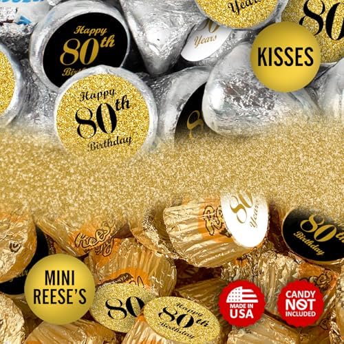 Happy 80th Birthday Kisses Stickers, (Set of 324) Chocolate Drops Labels for 80 Birthday, Party Favors Decor for Kisses. Made in USA, 9 Designs (36 Stickers of Each)