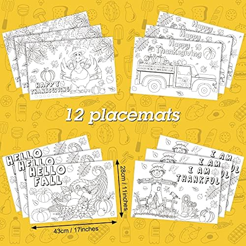 12 Pcs Fall Thanksgiving Placemats Turkey Pumpkin Coloring Activity Paper Placemats Disposable Crafts Table Mats for Adult Thanksgiving Party Supplies, 4 Styles
