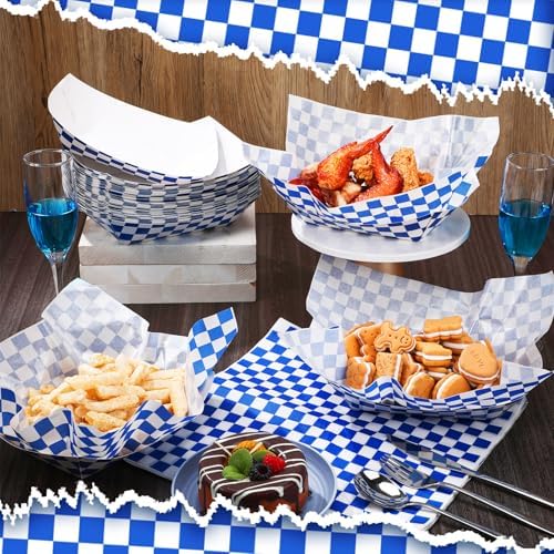 Geosar 100 Pcs Gingham Paper Food Tray with Wax Paper,Blue White