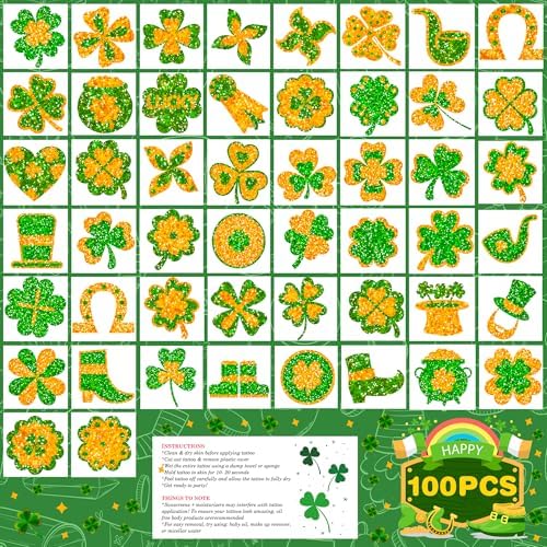 St Patricks Day Accessories - 100 PCS Shamrock Temporary Tattoos for Kids | St Patricks Day Shirt Women - Saint Patricks Day Green Gold Lucky Clover Stickers Crafts Makeup Party Favors Supplies