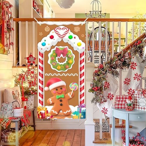 Christmas Door Cover Gingerbread Man Decoration Xmas Large Photography Background Banner Porch Sign for Winter Ginger Bread House Indoor Outside Front Door Banner Farmhouse Party Supplies 6 x 3 Feet