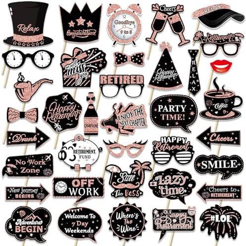 Retirement Party Photo Booth Props Kit - 37pcs Paper Photo Props 1 Frame Glitter Retirement Party Decorations for Retiree Celebration, Farewell Office Party Supplies (Rose Golden and Black)