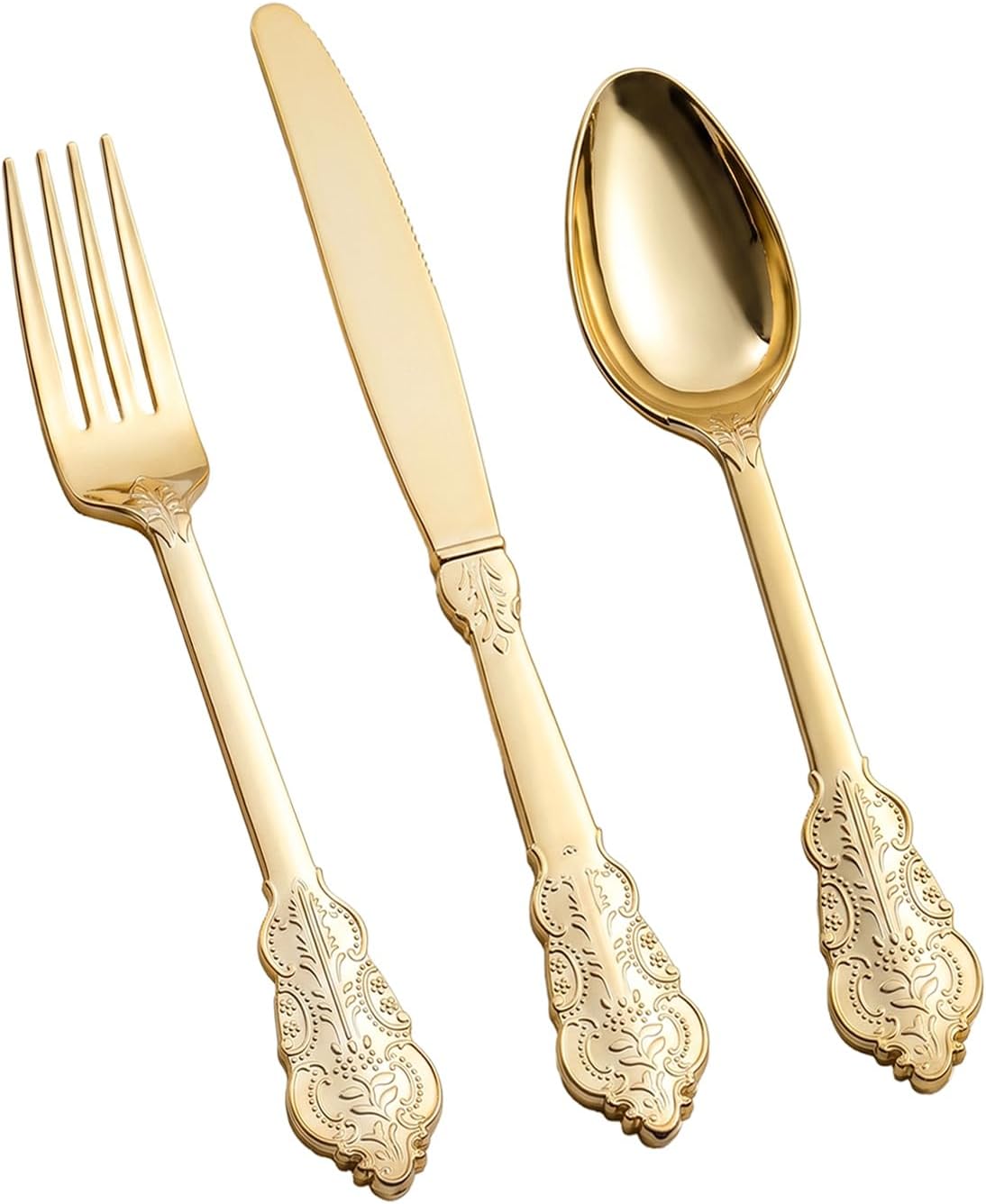 144 Pack Gold Premium Heavy Duty Plastic Silverware, 48 Forks, 48 Spoons, 48 Knives, For Catering, Parties, Dinners and Weddings, BPA-Free, Disposable Plastic Cutlery Set Utensils Set