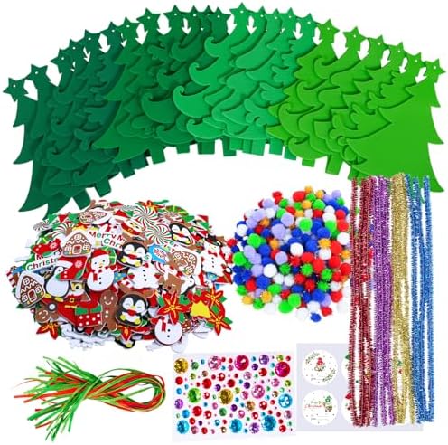 Winlyn 24 Sets Christmas Tree Ornaments Decorations Art Sets DIY Christmas Craft Kits Pine Tree Snowman Snowflake Penguin Foam Stickers Arts and Crafts for Kids Party Favors Home Classroom Activities
