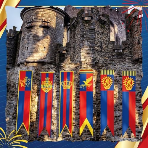 Hahafelt 6 Pcs Medieval Party Decorations Banners 61 Inch Knight Lion Bulletin Board Banner Medieval Fantasy Porch Door Hanging Decor for Wall Classroom Office Renaissance Castle Party Supplies Knight