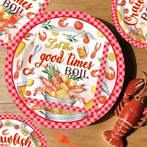 EUOYUFO 96Pcs Crawfish Boil Party Supplies Tableware Set Let The Good Times Boil Paper Plates Napkins Forks Lobster Seafood Boil Birthday Theme Party Supplies Serve 24 Guests