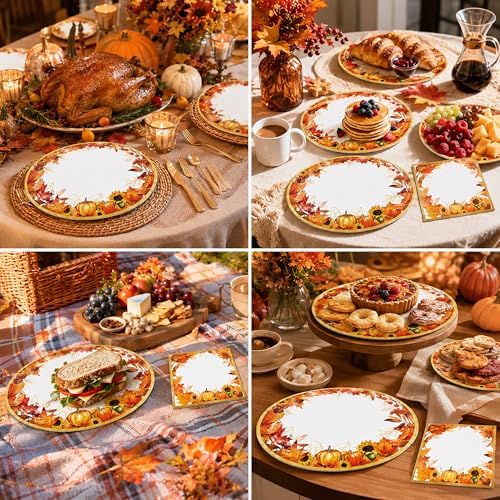50Pcs Fall Oval Paper Plates Napkins, Pumpkin Autumn Thanksgiving Party Set