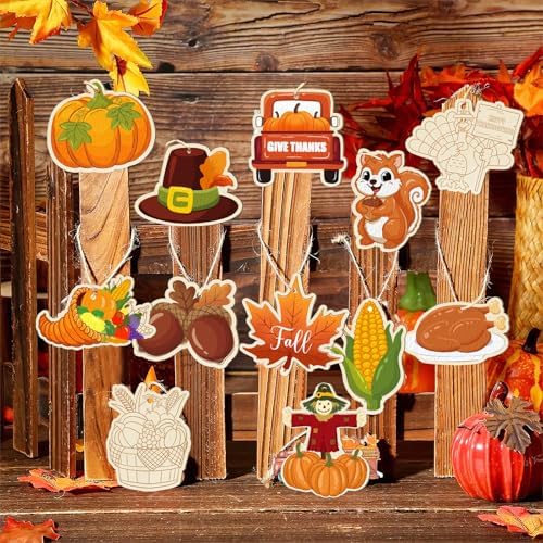 36PCS Wooden Thanksgiving Decoration Fall Ornaments to Paint Happy Thanksgiving Crafts Cutouts Unfinished, DIY Blank Fall Unfinished Turkey Maple Leaf Truck Pumpkin Ornament for Home Harvest Hanging