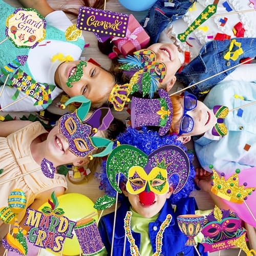 30Pcs Mardi Gras Photo Booth Props - Mardi Gras Party Favors & Decorations for Masquerade Fat Tuesday Carnival Wedding Photo Props for New Orleans Themed Parties, Bachelorette Parties